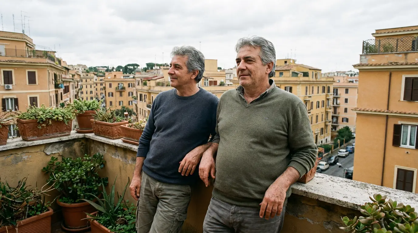 Coppia italiana osserva quartiere residenziale dal balcone valutando prezzi immobiliari