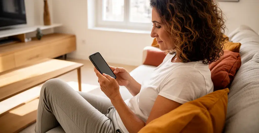 Donna italiana consulta smartphone per stima valore immobiliare online da casa