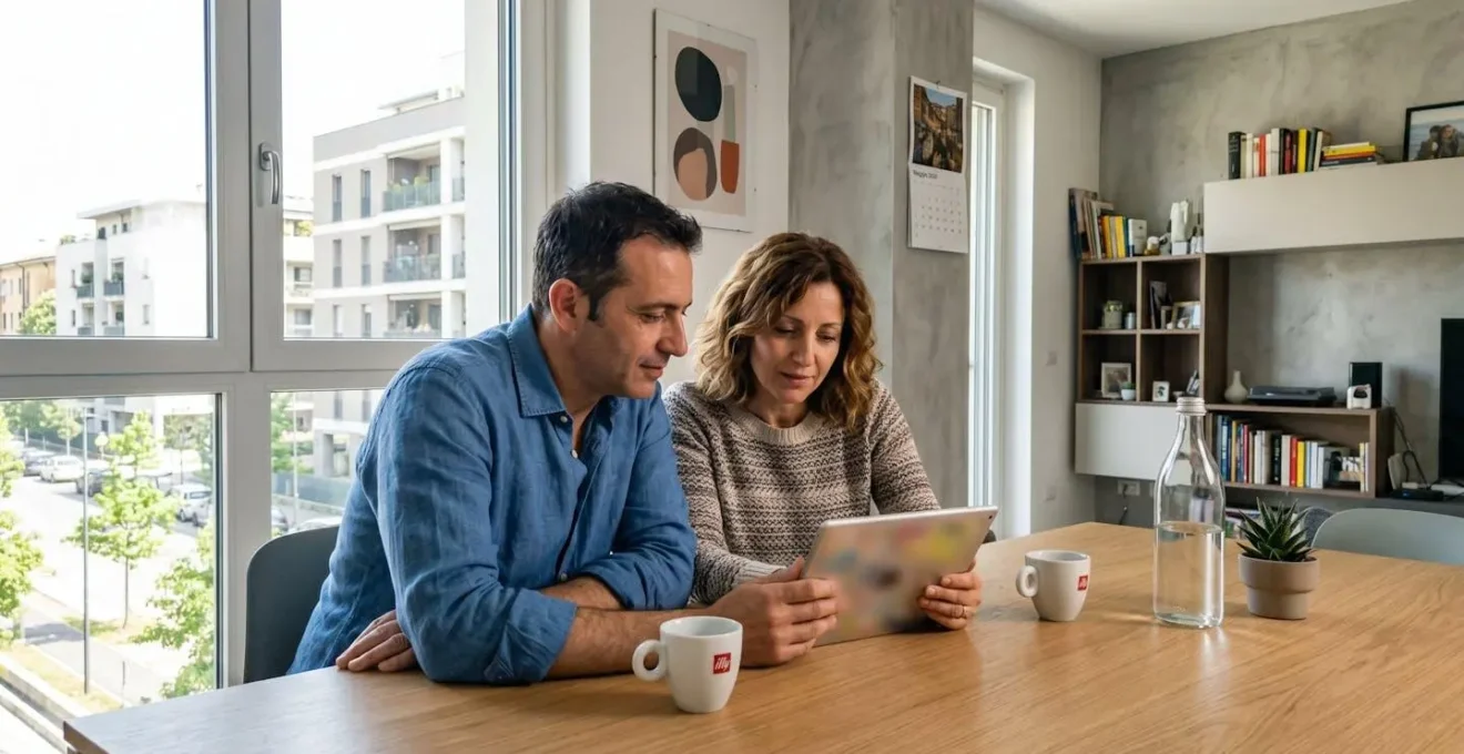 Una coppia italiana di circa quarant'anni seduta a un tavolo in una casa moderna ben illuminata, che guarda insieme lo schermo di un tablet durante una ricerca immobiliare