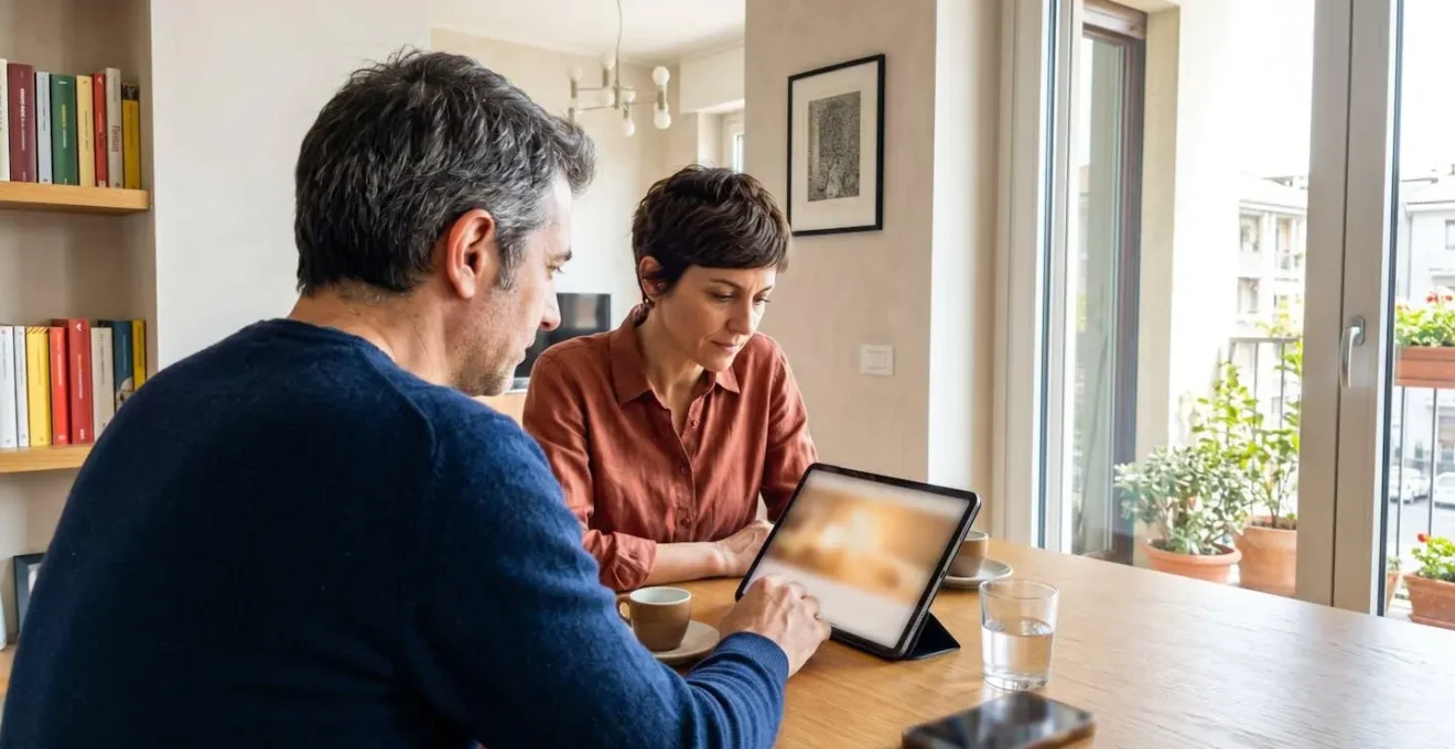 Una coppia italiana di circa quarant'anni seduta a un tavolo in una casa moderna ben illuminata, che guarda insieme lo schermo di un tablet durante una ricerca immobiliare