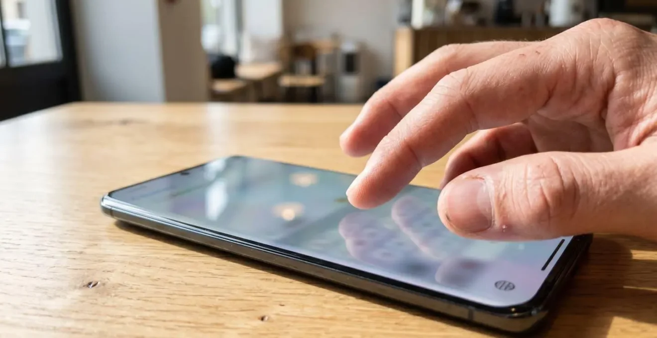 Primo piano estremo di una mano che digita su uno smartphone moderno, con lo schermo completamente sfocato e riflessi luminosi, su una superficie di legno chiaro pulita