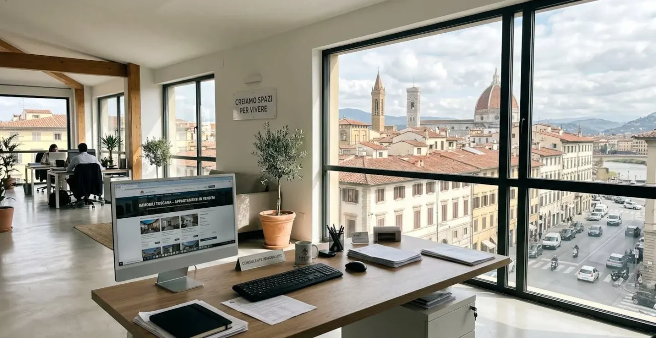 Interno di un ufficio immobiliare moderno italiano con scrivania ordinata, monitor e documenti parzialmente visibili ma sfocati, luce naturale dalla finestra e città italiana sullo sfondo